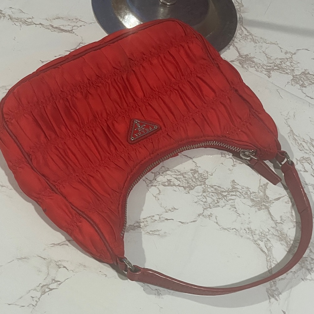 Prada Red Ruched Nylon Shoulder Bag